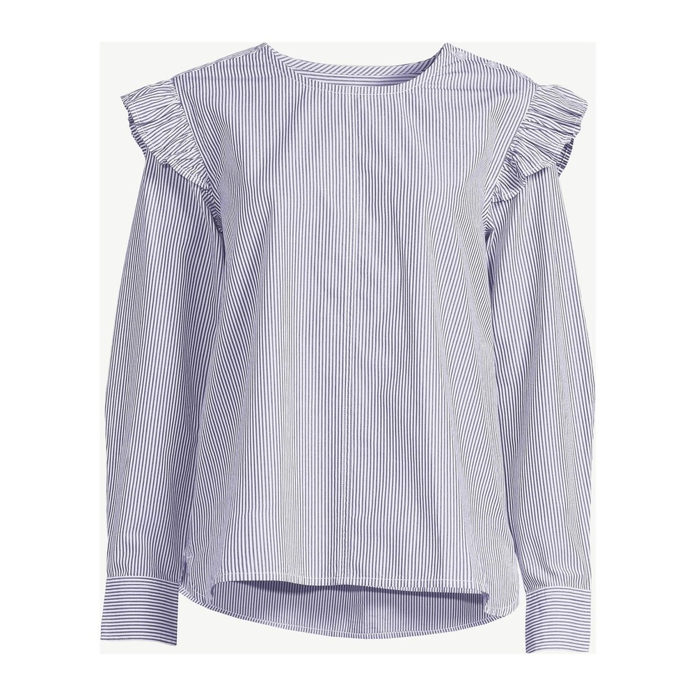 Free Assembly Blouse Blue White Striped Ruffle Shoulder Button 80s Preppy / SZ L